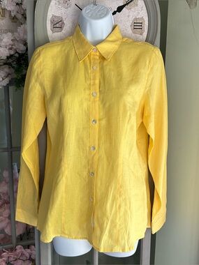 NWT PETITE SOPHISTICATE 100% Linen Long Sleeve Button-Up Shirt Sunny Yellow Sz S